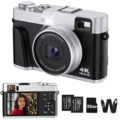 ToAuite 4K Digital Camera with Viewfinder, 48MP Autofocus Vlogging Camera for Photography and Video, Anti-Shake 16X Zoom Travel Portable Camera with Flash 32GB Card, Selfie YouTube Cameras with Dial