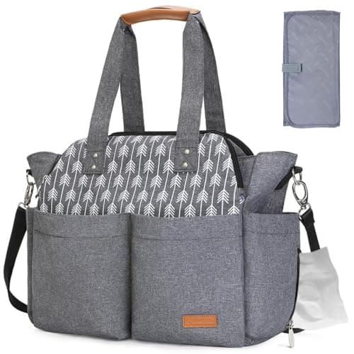 Lekebaby Large Diaper Tote Bag for Mom and Dad - Baby Diaper Satchel Bag with Insulated Pockets & Changing Pad & Stroller Straps in Grey, Arrow Print