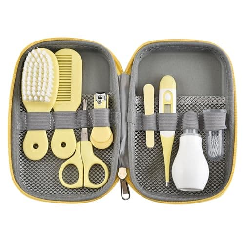 BTSEURY Baby Grooming Kit, Hair Brush Nail Clipper Nose Cleaner Finger Toothbrush Scissor Newborn Care Set with Zippered Organizer for Boys Girls (Yellow)