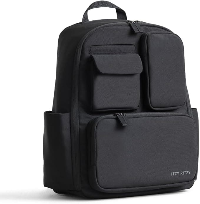 Itzy Ritzy Utility Diaper Bag Backpack – Features 17 Pockets (Including 2 Insulated Bottle Holders) & Trolley Sleeve and Includes Stroller Straps & Changing Pad – Part of the Belong Collection (Black)