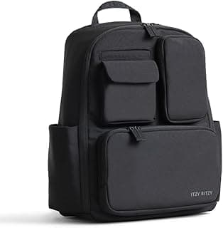 Itzy Ritzy Utility Diaper Bag Backpack – Features 17 Pockets (Including 2 Insulated Bottle Holders) & Trolley Sleeve and Includes Stroller Straps & Changing Pad – Part of the Belong Collection (Black)