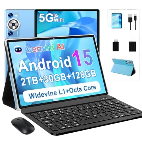 Android 15 Tablet, 30GB RAM 128GB ROM 2TB TF, 2026 Electronics Tablets 10 Inch 8000mAh with Keyboard Mouse, 2.0GHz, 5G WiFi, BT 5.0, GMS Certified, Incell Display, Gemini AI - Blue