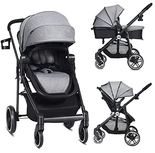 INFANS 2 in 1 Baby Stroller, High Landscape Infant Stroller Reversible Seat, Foldable Pushchair with Suspension Wheels Adjustable Canopy, Cup Holder, Storage Basket (Grey)