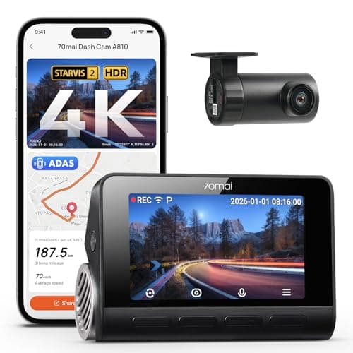 70mai A810 4K Dual Dash Cam Front & Rear, STARVIS 2 HDR Super Night Vision, AI Motion Detection & 24/7 Parking, Built-in GPS, Wi-Fi & APP, ADAS, Loop Recording, Time-Lapse