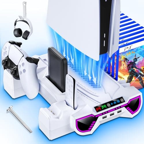 PS5 Cooling Station with Controller Charging Station for PlayStation 5/Slim/Pro Console, PS5 Cooling Stand with Controller Charger - LED Sunglass Design, Turbo Fan, Headset Holder, 3 USB Hub, White