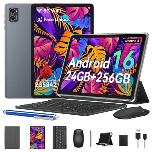 Tablet, 2026 Android 16 Tablets with 24GB+256GB ROM /2TB TF, Tablet with Keyboard Mouse Pen, Widevine L1/T606 Octa-Core/8MP AI Camera/1080P/5G WiFi/Bluetooth 5.0/GPS/OTG/ 4 Years Warranty