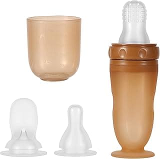 Baby Food Bottle, 3-in-1 Silicone Food Dispensing Squeeze Feeder Multifunctional Baby Milk Bottle Weaning Bottles with Dispensing Spoon, Regular Nipple and Fruit Puree Feeding Nipple