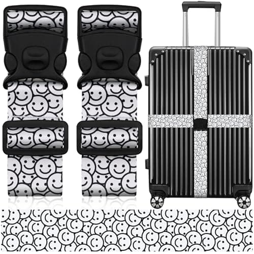 Luggage Straps for Suitcases, Travel Adjustable Belt with Quick Release Buckle, Heavy Duty Nylon Bag Packing Strap, Unique Bright Identifiers Business Travel Accessories (2 Pack)-White Smiles