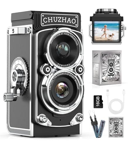CHUZHAO Digital Camera Retro, Portable TLR Style Twin-Lens Vintage Camera, 12MP Autofocus 1080P FHD Point and Shoot Pocket Vlogging Retro Digital Cameras with16 GB Card for Beginners Teens Boys Girls
