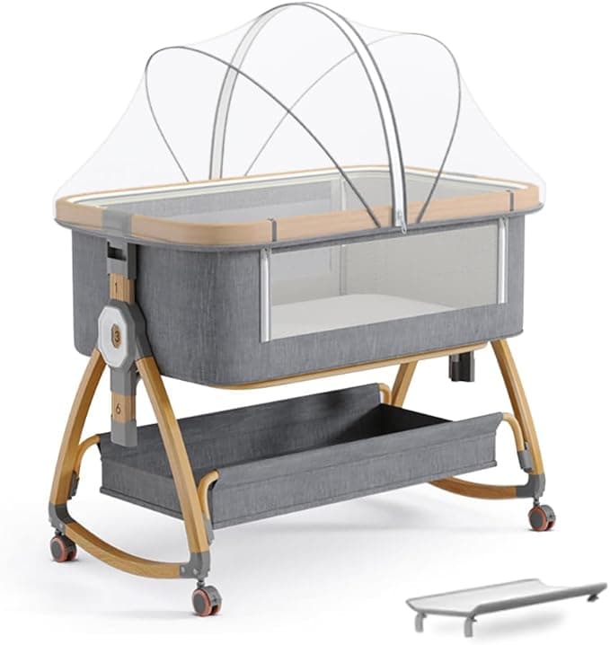Baby Bassinet, Bedside Bassinet for Baby, 4 in 1 Portable Bedside Sleeper with Wheels Mosquito Net & Storage Basket, 6 Height Adjustable Rocking Bassinet for Newborn Baby