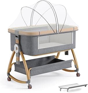 Baby Bassinet, Bedside Bassinet for Baby, 4 in 1 Portable Bedside Sleeper with Wheels Mosquito Net & Storage Basket, 6 Height Adjustable Rocking Bassinet for Newborn Baby