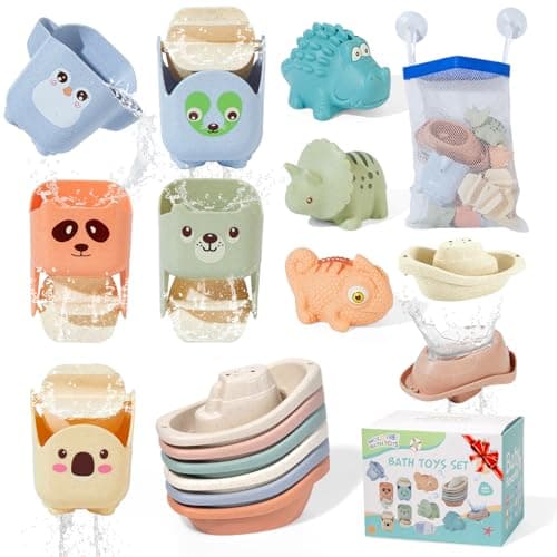 AMCHSURI Bath Toys for Toddlers 1-3, 14 Pack Mold Free Baby Bath Toys Bathtub Water Play Toys with Floating Boats & Bath Cups and No Holes Animal Floating Bath Toy for Babies 6-12 Months