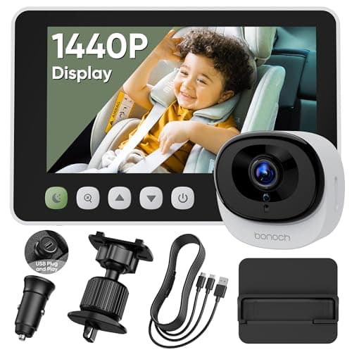 bonoch 5'' 1440P Baby Car Camera Backseat - 2025 Upgrade 360 Degree Rotating Wide View USB Powered Baby Car Monitor with Car Charger, Easy Setup Car Seat Camera for Baby Rear Facing with Night Vision
