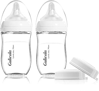 Gulicola Natural Glass Baby Bottle for Breastfeeding Babies, Newborn Anti-Colic Bottle Set with Slow Flow Nipple, 0-3 Months, 5 oz, 2 Pack - White
