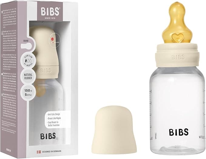 BIBS Baby Bottle – 5 oz (150 ml) | Natural Rubber Latex Nipple | Anti-Colic, BPA-Free | Round Nipple, Slow Flow | 0+ Months | Ivory
