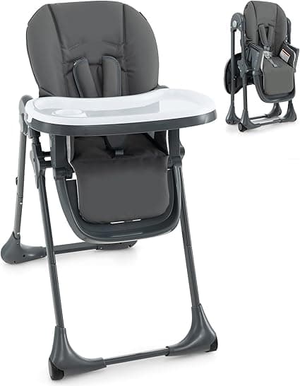 KOTEK Foldable Baby High Chair w/ 7-Position Adjustable Seat Height, Adjustable Backrest, Footrest and Tray, Portable Baby Dining Chair w/ Detachable PU Leather Cushion, Wheels for Infant Toddler (Dark Gray)