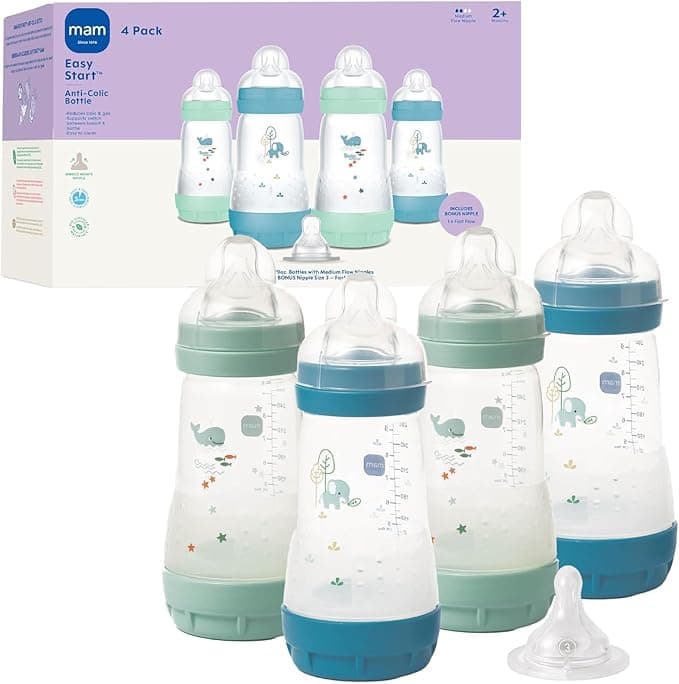 MAM 9oz Easy Start Anti-Colic Wide Neck Baby Bottle, Medium Flow Breastfeeding-Like Nipple, Reduces Colic Gas & Reflux, Easy to Clean, BPA Free, 2+ Months, Made in Europe, Bonus Fast Flow Nipple, 4 Pk