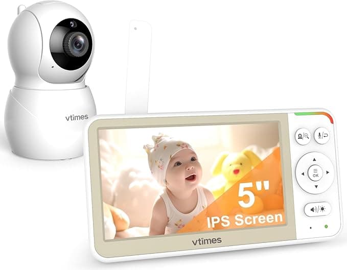 VTimes Baby Monitor No WiFi, 5'' Screen with 32-Hour Battery, Video Baby Monitor Camera Pan-Tilt-Zoom Smart VOX Mode, Two-Way Talk Night Vision Temperature Display Alarm 8 Lullabies and 1000ft