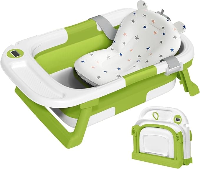 Collapsible Baby Bathtub for Newborn to Toddler, Portable Foldable Baby Bathtub with Soft Cushion and Water Thermometer,No-Slip Hanging Travel Infants Bathtub for 0-36 Months,Green