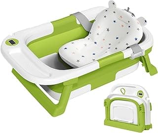 Collapsible Baby Bathtub for Newborn to Toddler, Portable Foldable Baby Bathtub with Soft Cushion and Water Thermometer,No-Slip Hanging Travel Infants Bathtub for 0-36 Months,Green