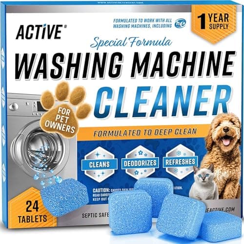 Washing Machine Cleaner for Pet Owners - ACTIVE Enzymatic Deep Clean Descaler for Cat & Dog Hair, Urine, Odor, Residue, 24 Septic-Safe Tablets for Top Load, Front Loader, HE Washer Tub - 1 Year Supply