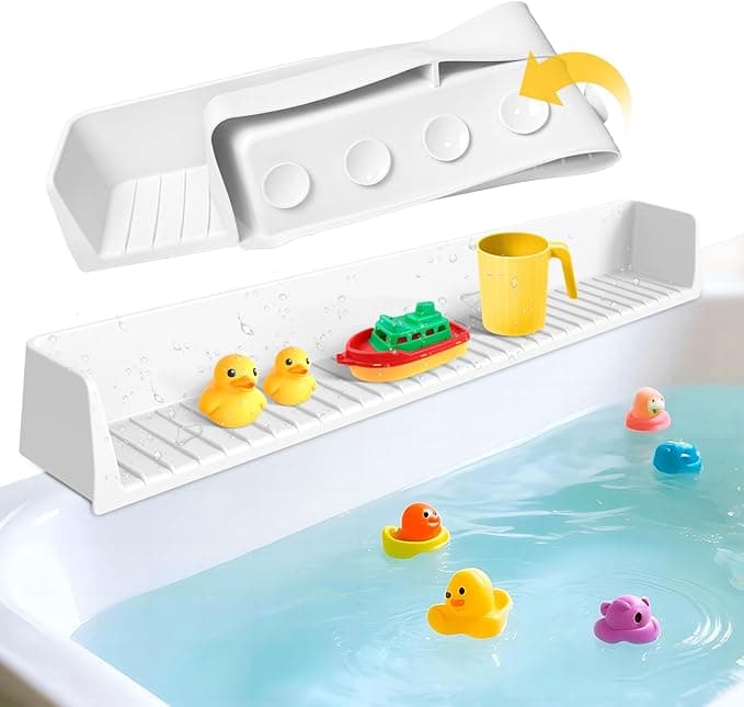 Splash Guard for Bathtub Kids - Silicone Bathtub Splash Guard with 11 Suction Cups, Bath Tub Play Shelf for Kids & Toy Holder, Prevent Water Spill in Bathroom, Fun Bath Time for Toddlers Baby, White