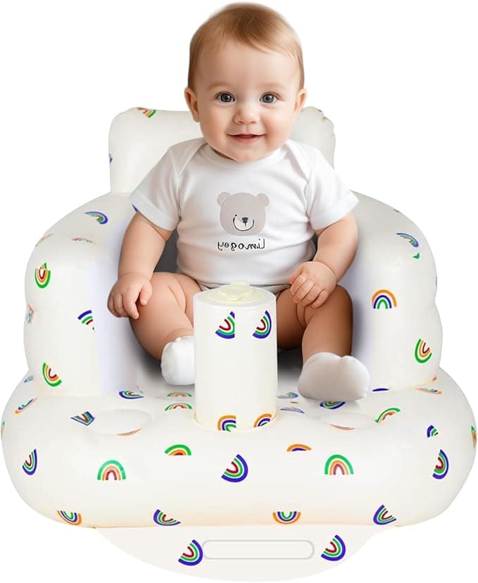 AirSwim Inflatable Baby Seat, Inflatable Baby Chair for Babies 3 Months and Up, Summer Blow Up Chair with Built in Air Pump, Infant Floor Seats for Learning to Sit, Palying, Camping, Rainbow