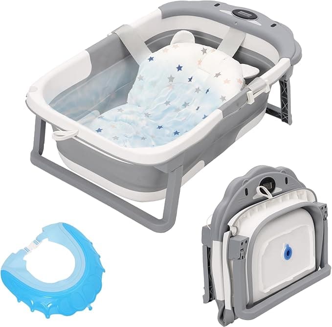 Baby Bath Tub Foldable Baby Bathtub,Baby Bathtub with Support Cushion Pad Seat Mat,Anti-Slip Portable Travel Shower Bathing Basin for Newborn Baby (Grey)