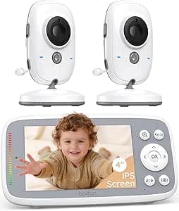 BOIFUN Baby Monitor No Wi-Fi, 4'' 3X Zoom Display, IPS 720p Wireless (Moniteur Bébé), Easy to Use and Set Up, VOX Sound Detection(Single Baby Monitor with Two Cameras)