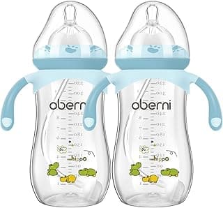 Oberni Baby Bottle 330ml, 11oz Weighted Straw Toddler Milk Feeding Bottle with Size “+” Variable Flow Teat for 12m+, Blue/ 2 Pack