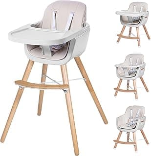 High chairs for babies and toddlers,3 in 1 Convertible Wooden highchair, Baby High Chair with Adjustable Legs,5 point harness, Footrest, Dishwasher-Safe Tray & PU leather Cushion, Beige