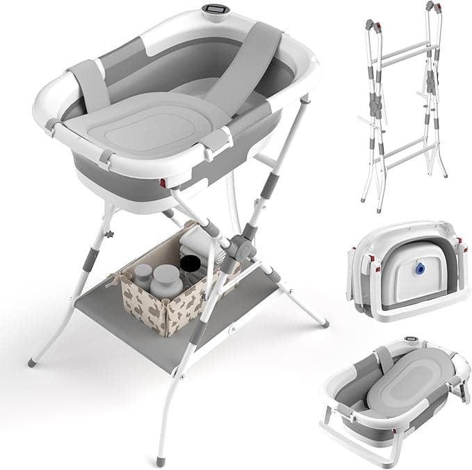 Baby Bathtub with Stand, 2-in-1 Collapsible Bath Tubs for Newborn to Toddler, Infant Bathtub with Folding Stand, Portable Bathtub for Baby Including Soft Cushion, Storage Pad