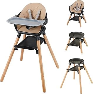 BABY JOY Baby High Chair, 6 in 1 Convertible Wooden High Chair for Babies & Toddlers with Adjustable Legs, Double Removable Tray, Safety Harness & Waterproof PU Cushion (Coffee)