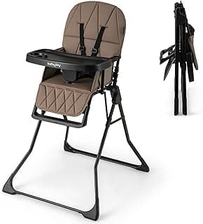 BABY JOY Foldable High Chair, Portable Highchairs for Babies and Toddlers with 3-Position Adjustable Tray & Footrest, Removable Seat Cushion, 5-Point Safety Harness, Space Saving Design (Coffee)