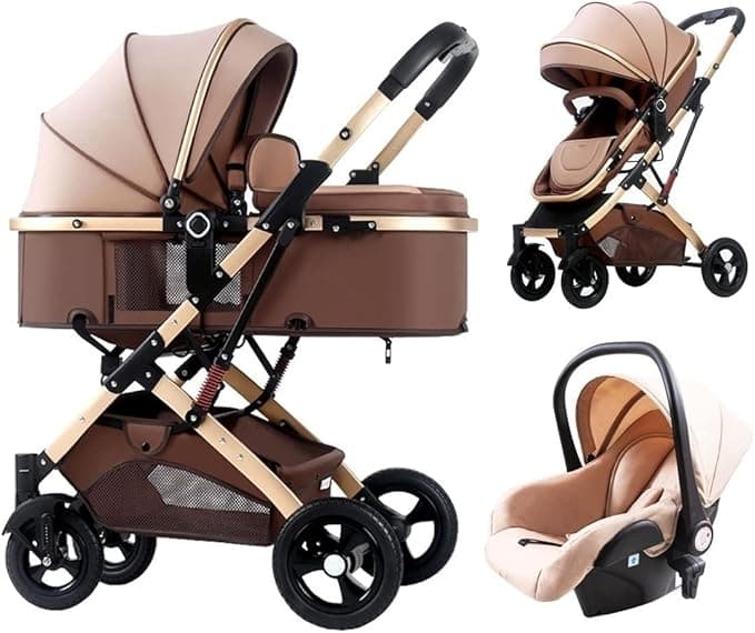 Newborn Stroller 3 in 1 Pushchair for 0-3 Years, Foldable Luxury Carriage With Baby Basket, Shock Absorption Springs High View Pram