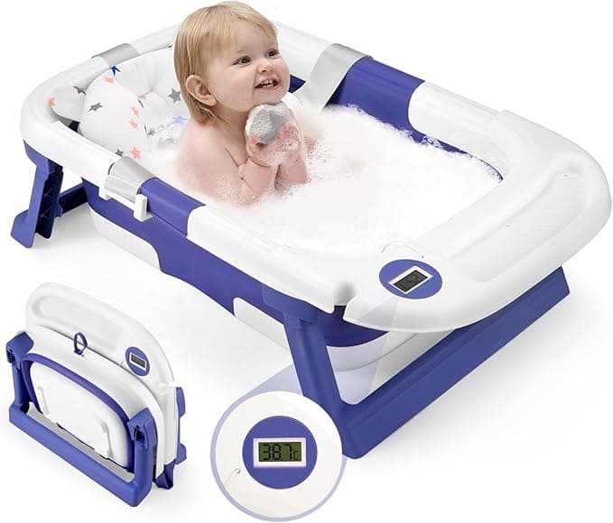 Baby Bathtub for Newborns, Collapsible Baby Bath Tub for 0-24 Months, Infant Bathtub With Temperature Sensor, Soft Cushion, Baby Bath Essentials Shower Gifts