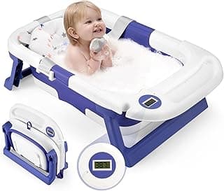 Baby Bathtub, Newborns Bath Essentials, Portable Bath tub For Infant 0-24 Months，Baby Shower Gifts With Soft Cushion,Temperature Sensor and Tray