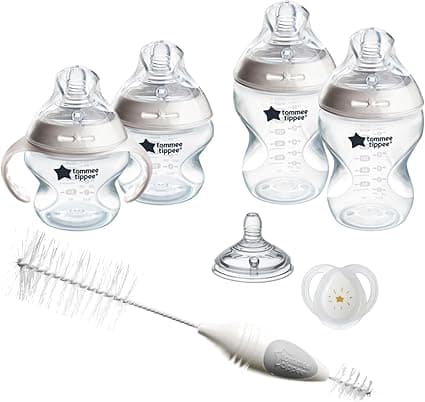 Tommee Tippee Natural Start Baby’s First Bottle and Pacifier 8 Piece Set, 2 x 5oz and 2 x 9oz Anti-Colic BPA Free Bottles, 2 Extra Slow and Medium Flow Nipples, 2, 0-6 Month Pacifiers, Clear