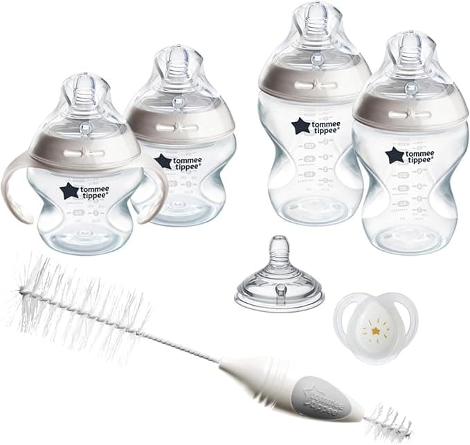Tommee Tippee Natural Start Baby’s First Bottle and Pacifier 8 Piece Set, 2 x 5oz and 2 x 9oz Anti-Colic BPA Free Bottles, 2 Extra Slow and Medium Flow Nipples, 2, 0-6 Month Pacifiers, Clear