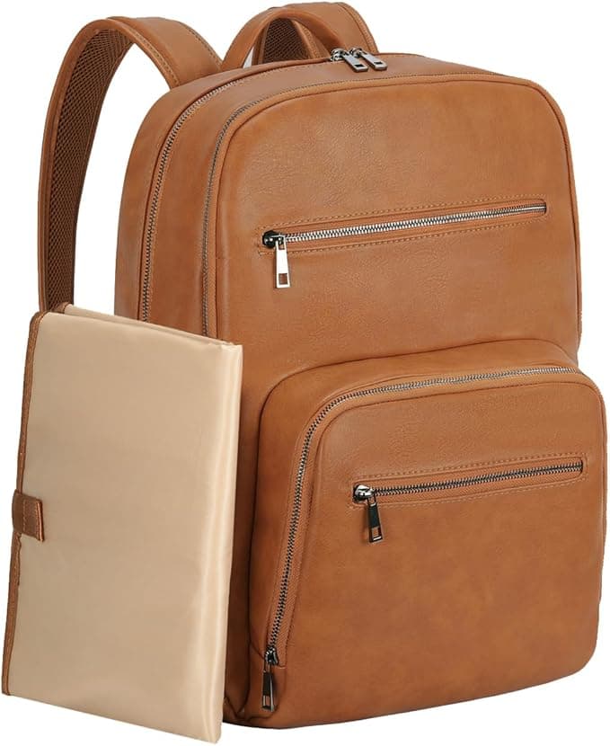 Diaper Bag Backpack for Mum Dad,VASCHY Unisex Large Waterproof Vegan Leather Baby Nappy Bag,Insulated Pocket Laptop Sleeve