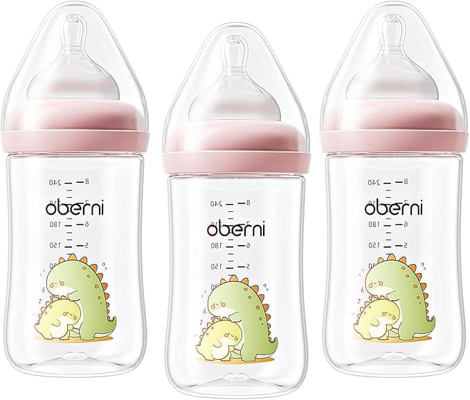 Oberni 240ml Baby Bottles, 8 Oz Wide-Neck Milk Feeding Bottle with Size"M" Teat for 3-6 Months Newborn Babies Pink/3 Pack