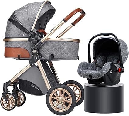 Pushchair and Stroller for Toddler 3 In 1 Travel Baby Stroller Includes Carrycot,Reversible Bassinet Pram,with Accessories, Mom Bag, Footmuff (Color : GREY Gold Tube)