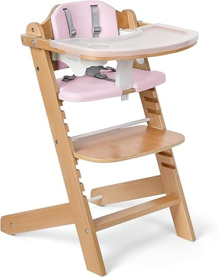 Cowiewie Natural Wooden High Chair for Babies & Toddlers 3-Tier Remove Adjustable Tray and Highchair with Cushions, Easy to Clean(Pink)