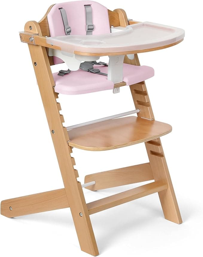 Cowiewie Natural Wooden High Chair for Babies & Toddlers 3-Tier Remove Adjustable Tray and Highchair with Cushions, Easy to Clean(Pink)