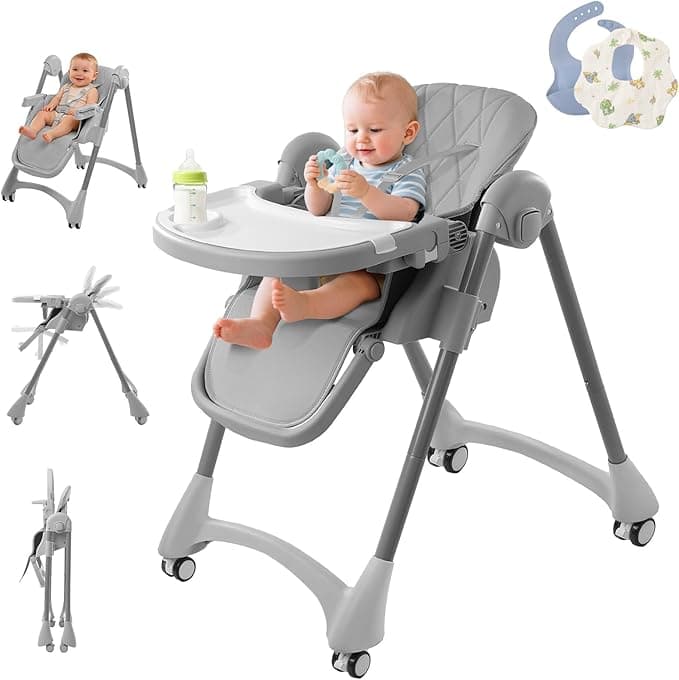High Chair with Wheels, 6 in 1 Convertible High Chairs for Babies and Toddlers, Portable Foldable Baby Chair with Adjustable Backrest 4 Positions Recline, 7-Level Height Adjustment, Foot Rest, 3-Position Removable Food Tray, Cotton Bibs & Silicone Bibs, Infant to Toddler High Chair