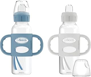Dr. Brown’s Milestones Narrow Transitional Sippy Bottle with Silicone Handles 8oz 250mL 6m+ Light Blue and Gray 2-Pack