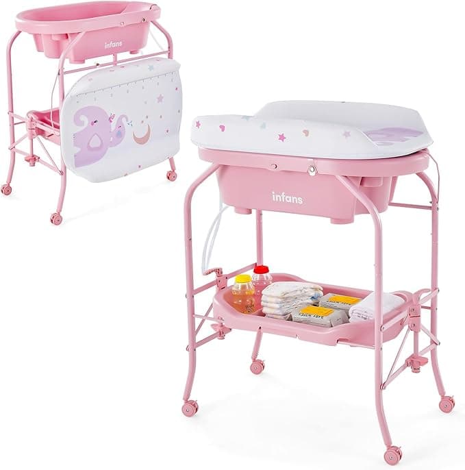 INFANS Baby Changing Table with Bathtub, Foldable Diaper Dresser Station with Removable Bath Wheels Waterproof Pad Storage Rack, Portable Nursery Organizer for Newborn Infant (Pink)