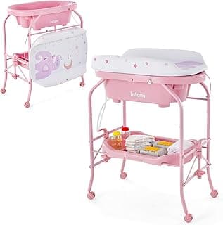 INFANS Baby Changing Table with Bathtub, Foldable Diaper Dresser Station with Removable Bath Wheels Waterproof Pad Storage Rack, Portable Nursery Organizer for Newborn Infant (Pink)