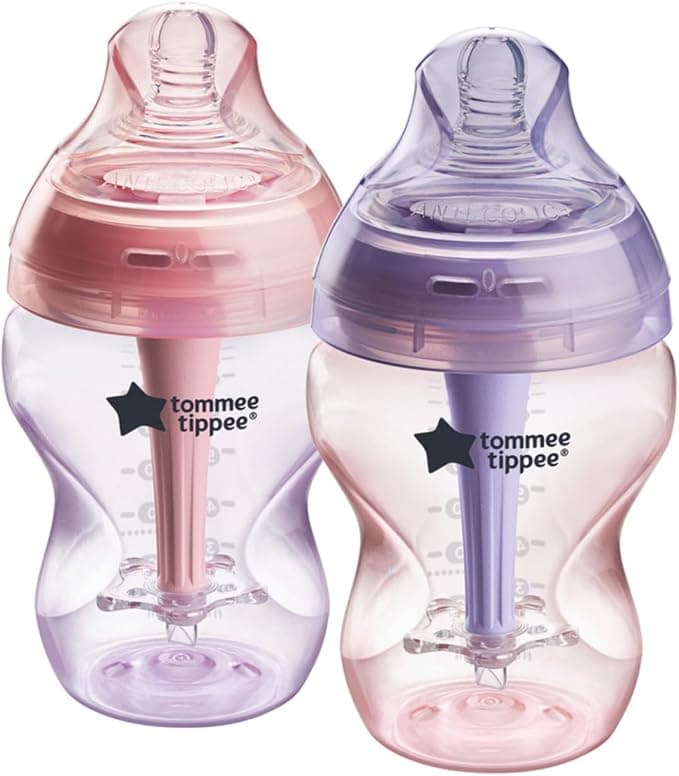 Tommee Tippee Advanced Anti-Colic 9 oz BPA Free Baby Bottles, Newborn 0+ Months, Slow Flow Breast-Like Nipple, Unique Design Keeps Air Away From Milk and Baby, Pink and Purple, Pack of 2