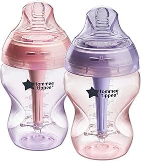 Tommee Tippee Advanced Anti-Colic 9 oz BPA Free Baby Bottles, Newborn 0+ Months, Slow Flow Breast-Like Nipple, Unique Design Keeps Air Away From Milk and Baby, Pink and Purple, Pack of 2